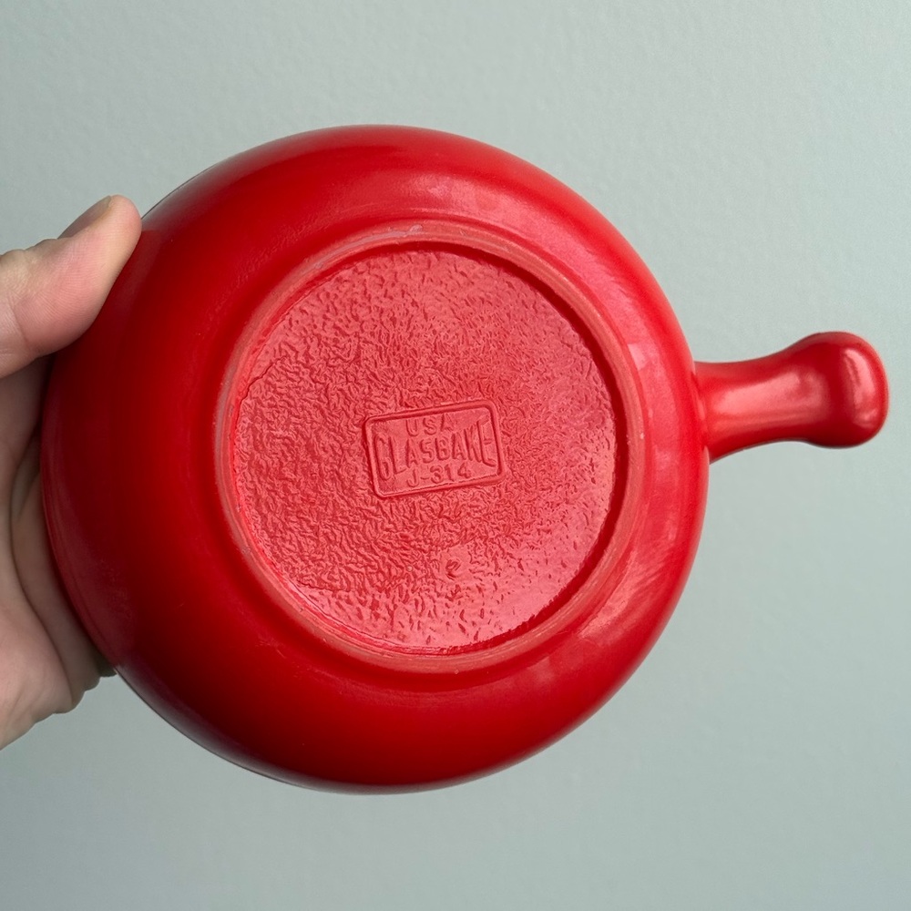 Vintage Red Glasbake USA red Handled Soup Bowl J-314 MCM Bakeware